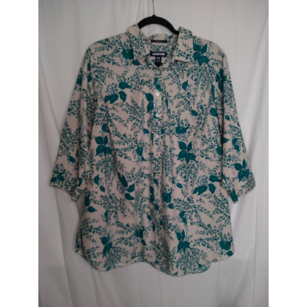 Lands End Womens 18W Tan/Green Floral Shirt No Iron Supima 3/4 Sleeve Button Up